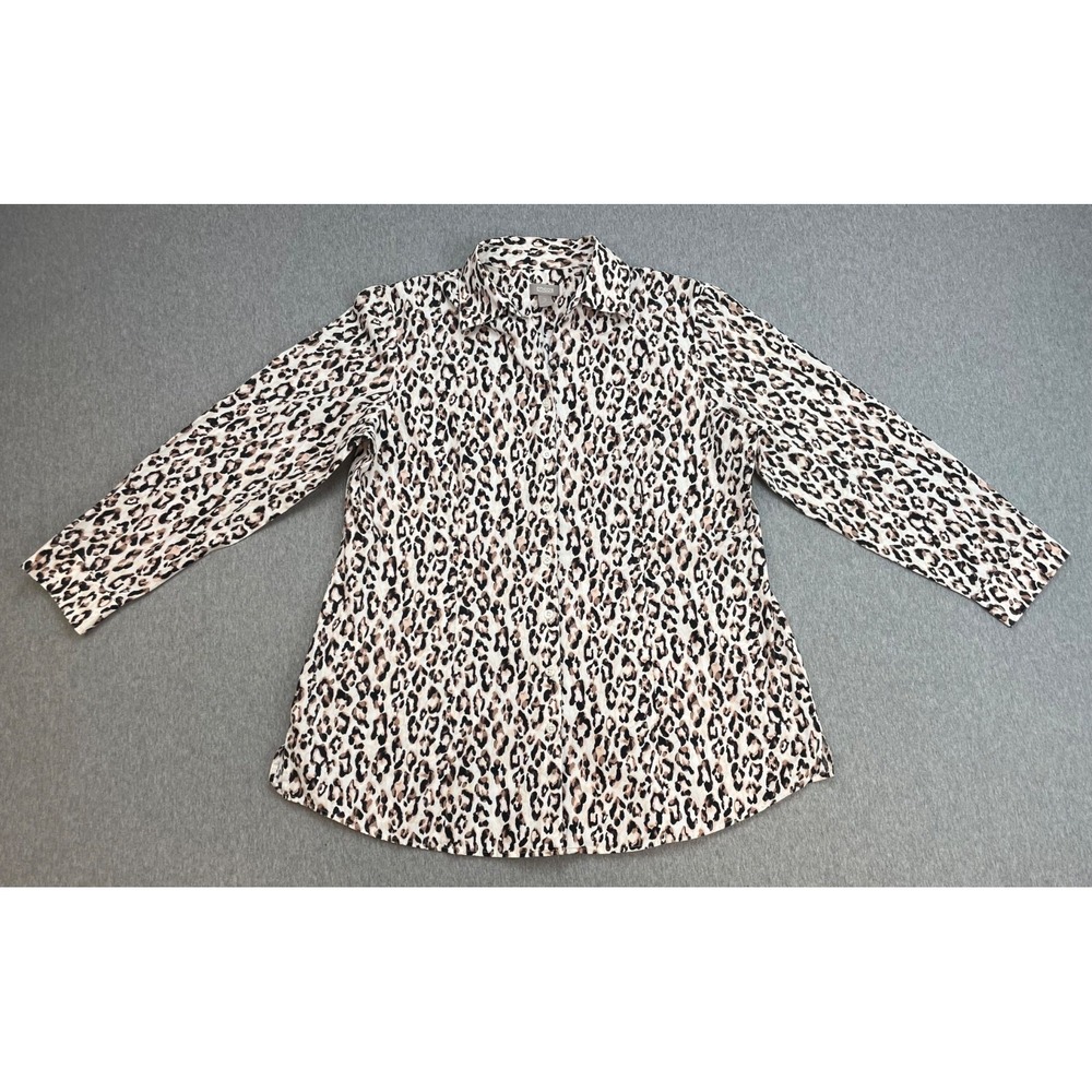 Chicos Shirt Womens Size 2 (US 12) Leopard print 100% Cotton Long Sleeve Tunic